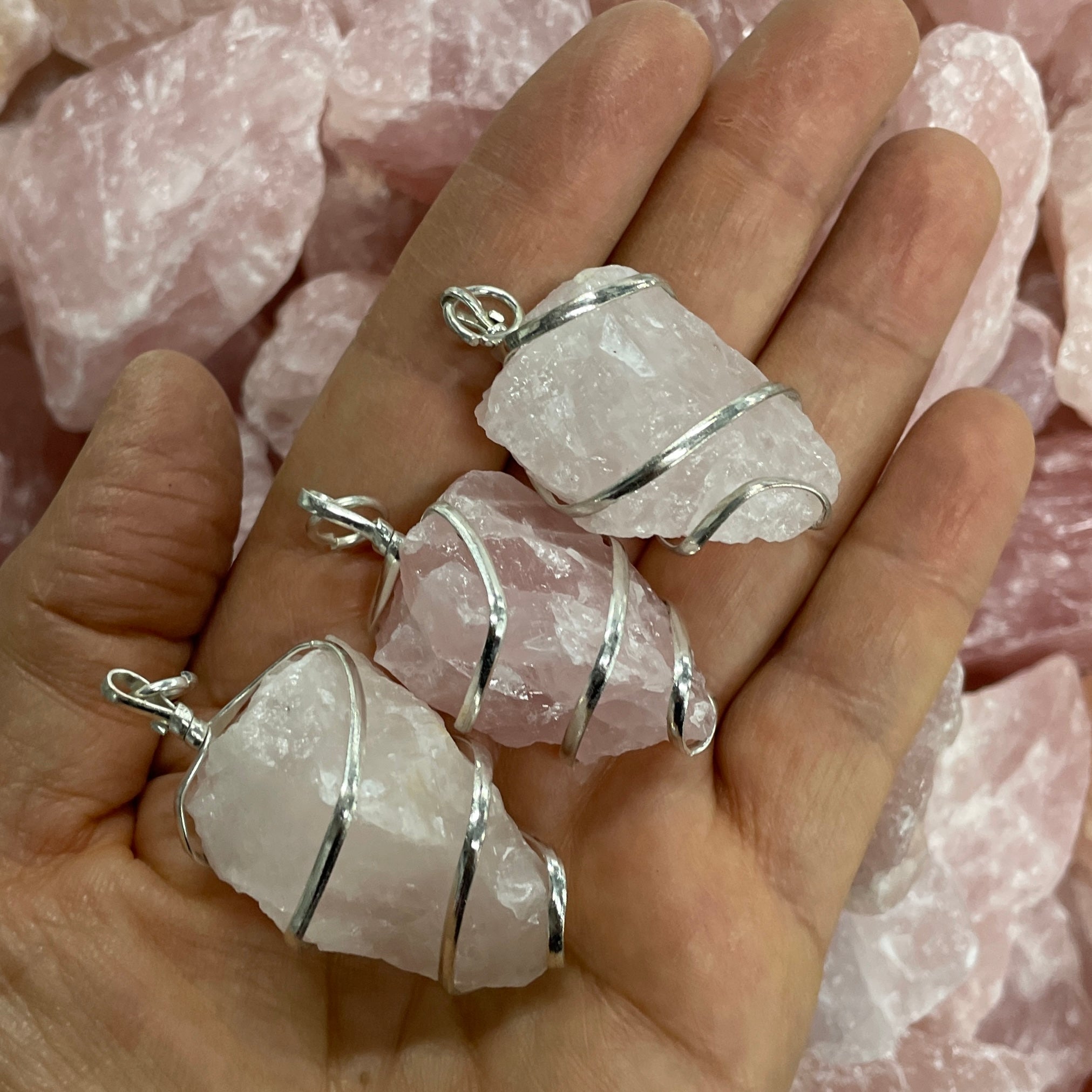 Wire Wrapped Rough Pendant - Rose Qtz Wire Wrapped Rough Pendant - Rose Qtz